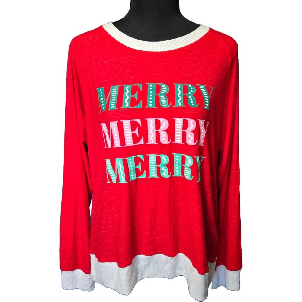Jaclyn Intimates Pajama Top L NWOT Red Merry Merry Merry Christmas Holiday Cozy